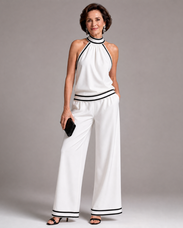 Zephyrine | Halter Neck Wide Leg Jumpsuit with Contrast Trim