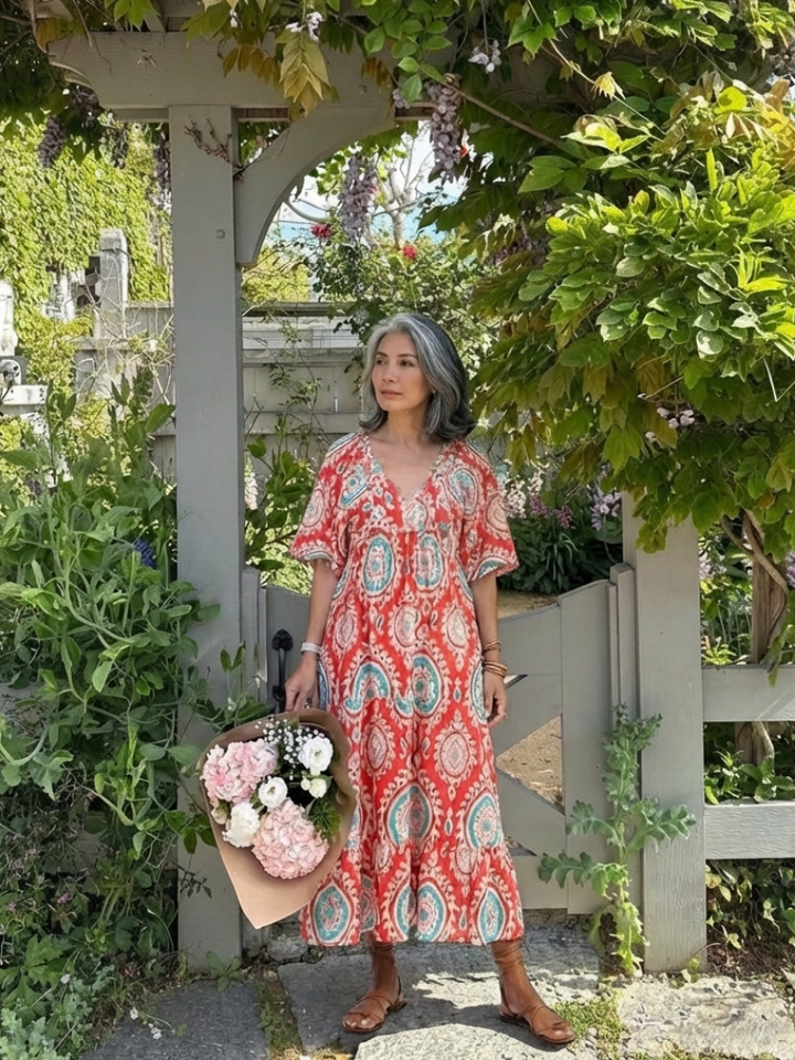 Zaria | V-Neck Midi Dress with Paisley Print and Short Sleeves