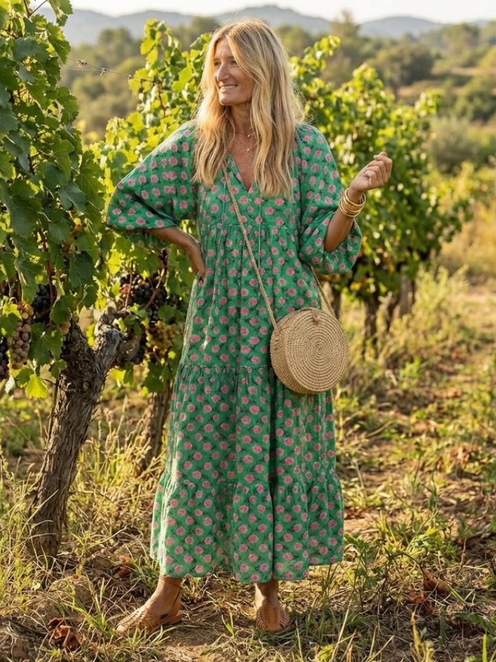 Fiora | V-Neck Midi Dress with Floral Print and Tiered Design