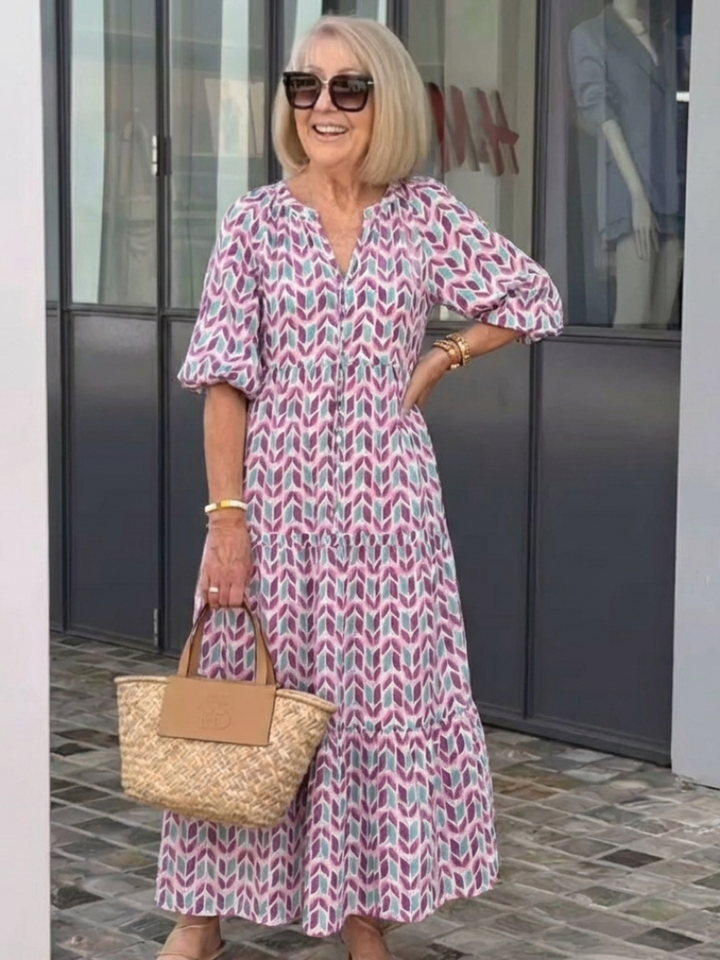 Mireya | Tiered Midi Dress with Geometric Print and Long Sleeves