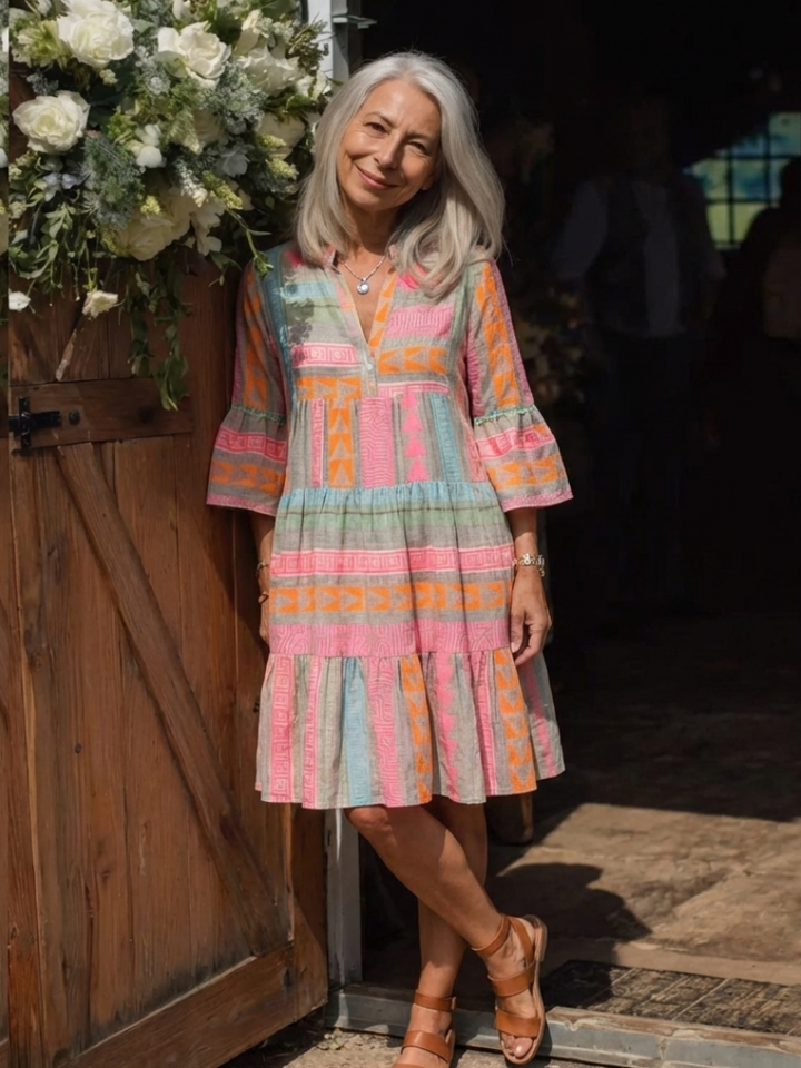 Maelle | V-Neck Tiered Dress with Geometric Print - Knee Length