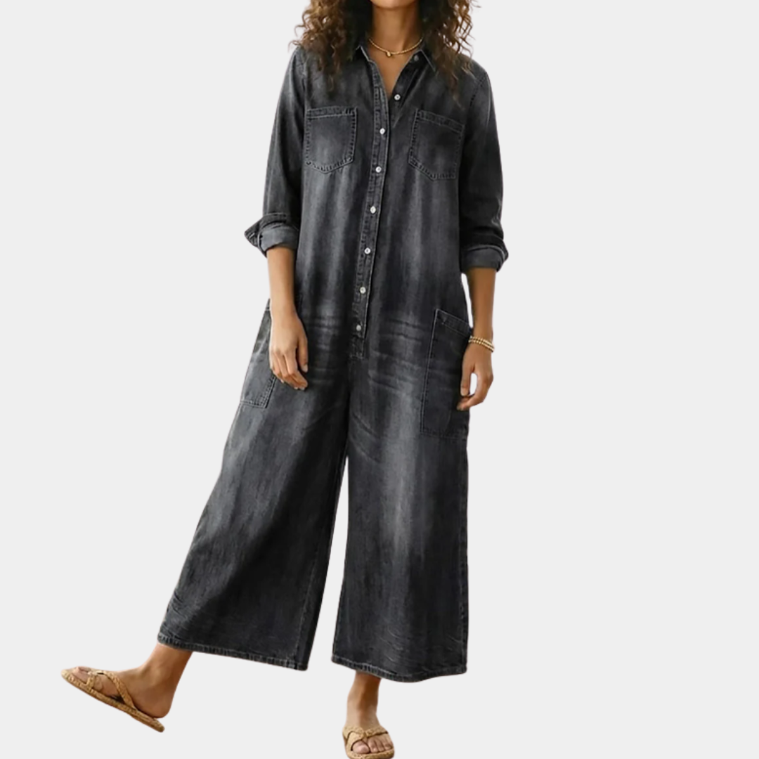 Diana | Soft Cotton Denim Jumpsuit with Vintage Wash and Button Closure