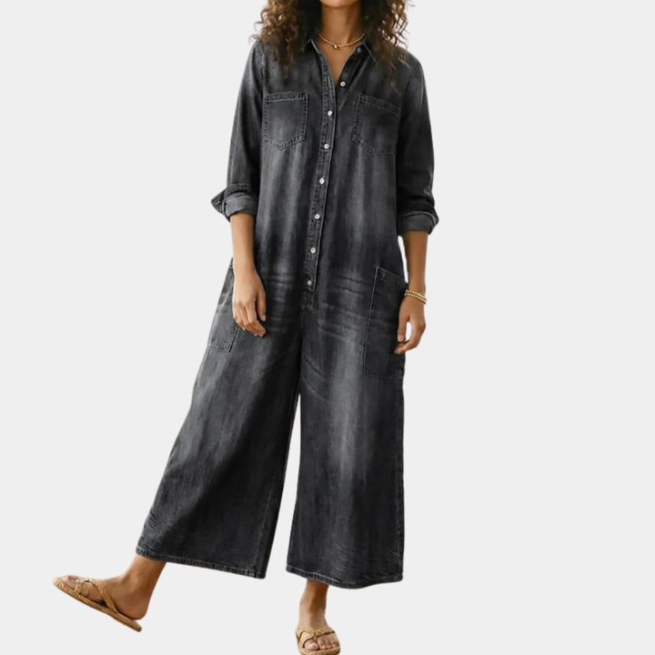 Diana | Soft Cotton Denim Jumpsuit with Vintage Wash and Button Closure