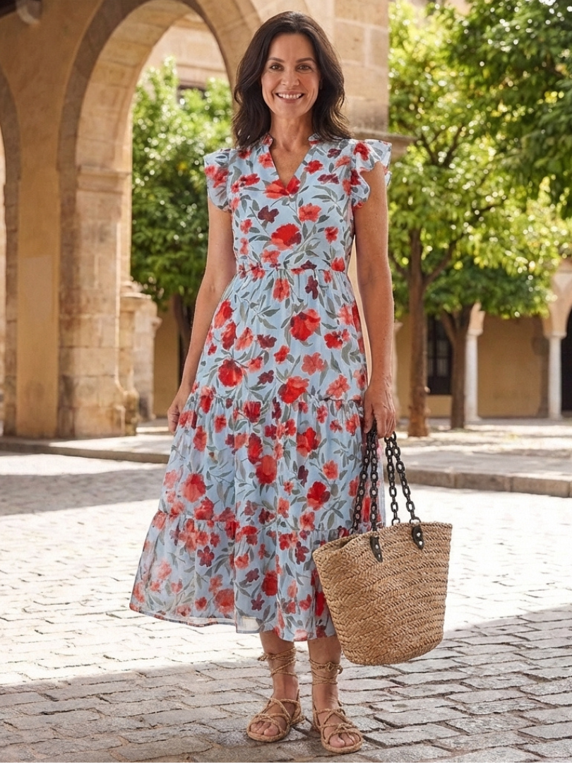 Lila | Tiered Midi Dress with Floral V-Neck Design