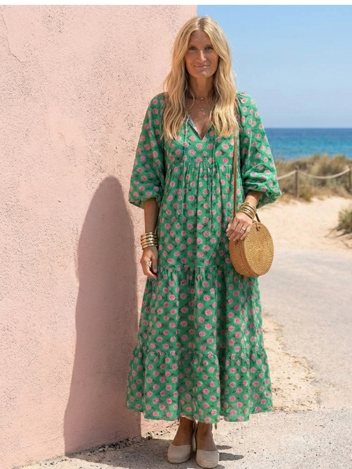 Fiora | V-Neck Midi Dress with Floral Print and Tiered Design
