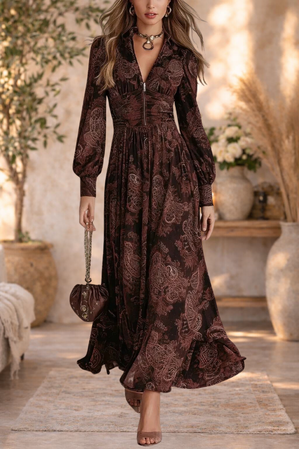 Amy | Floral V-Neck Long Sleeve Maxi Dress