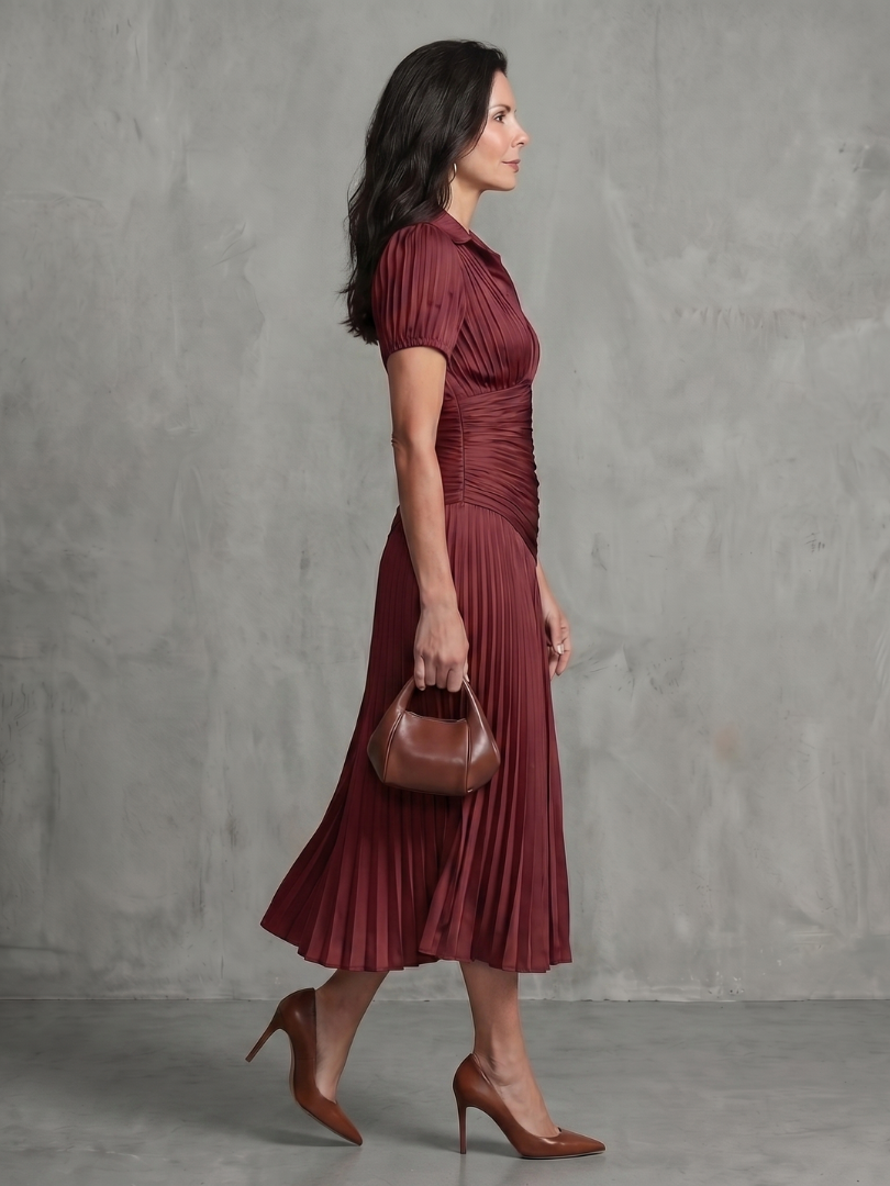 Theodora | Striped Midi Dress with Pleated Waistline