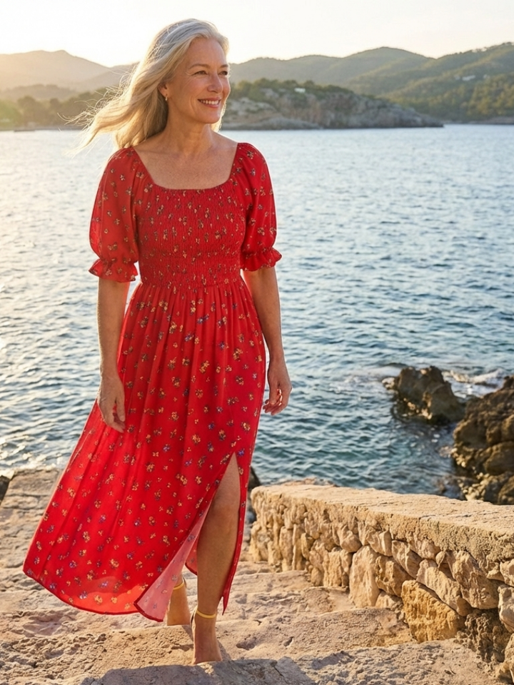 Delphine | Floral Midi Dress with Square Neck and Puff Sleeves