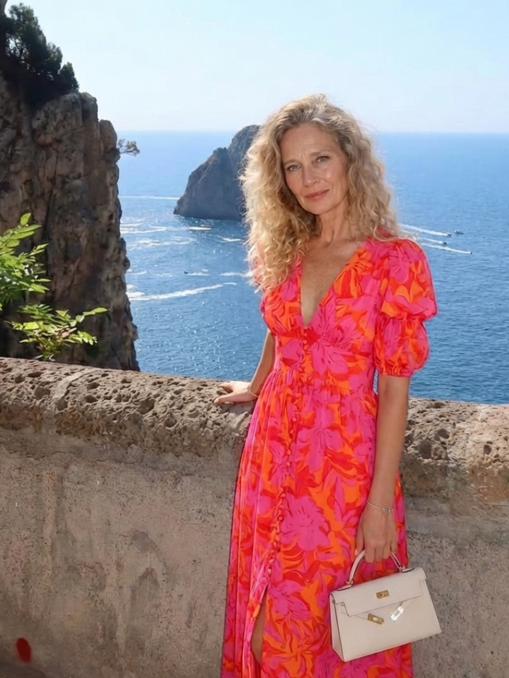 Willow | Midi Dress with Floral Print and V-Neck Puff Sleeves