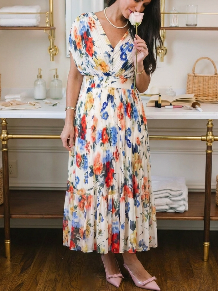 Savannah | Floral Midi Dress with Short Sleeves and Pleated Design
