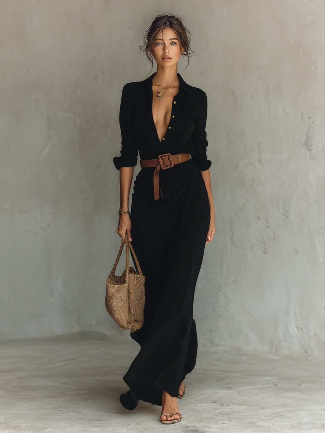 ESSENTIAL - Women's Maxi Long Dress with Lapel Collar and Long Sleeves