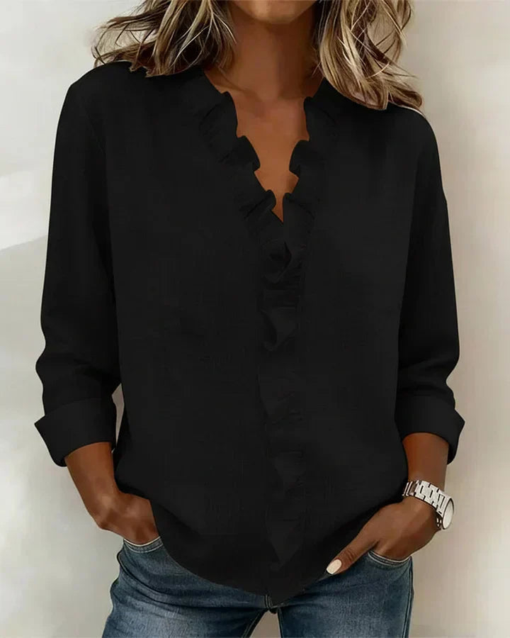 Susan | V-Neck Blouse with Ruffled Details and Long Sleeves