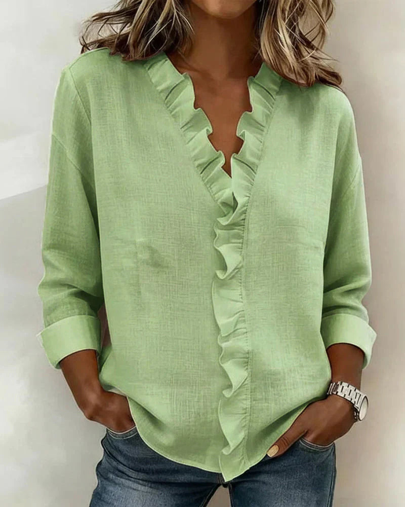 Indie Ruffled Blouse with V-Neck and Long Sleeves
