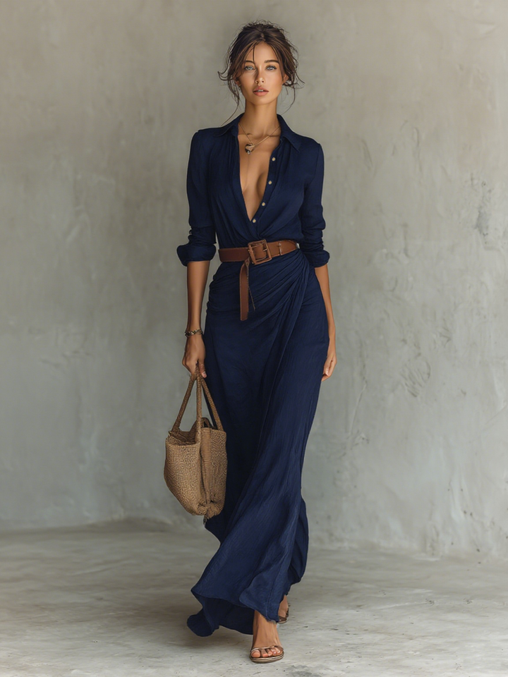 ESSENTIAL - Women's Maxi Long Dress with Lapel Collar and Long Sleeves