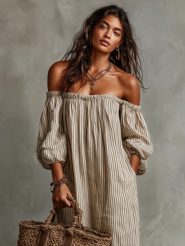 Carmen | Off-the-Shoulder Long Dress in Cotton and Linen Blend