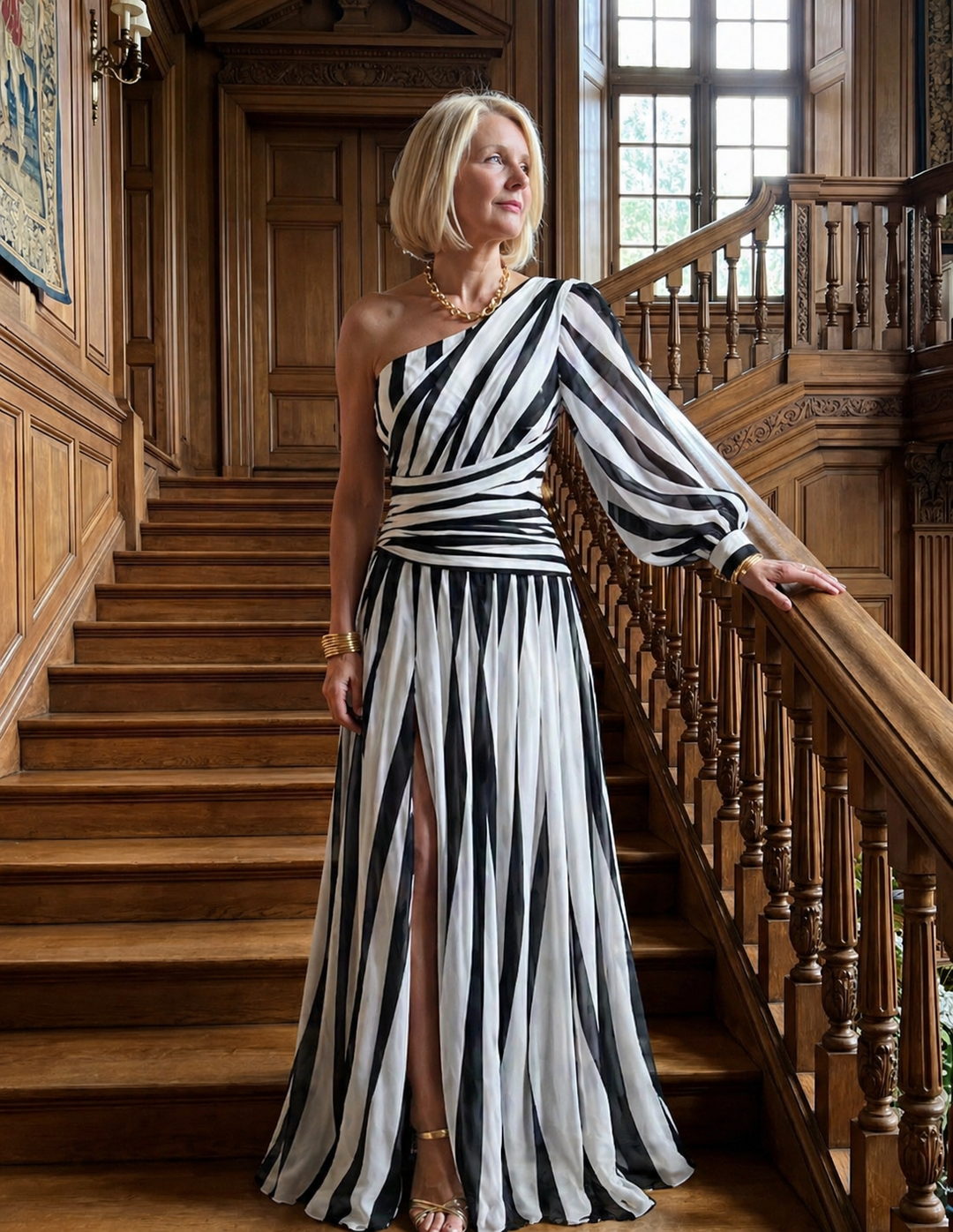 Stella & Grace™ | Chic One-Shoulder Striped Maxi Dress