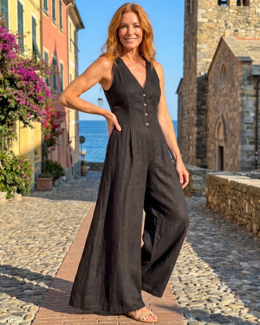 Lyssara | Sleeveless Button-Front Wide Leg Relaxed Jumpsuit