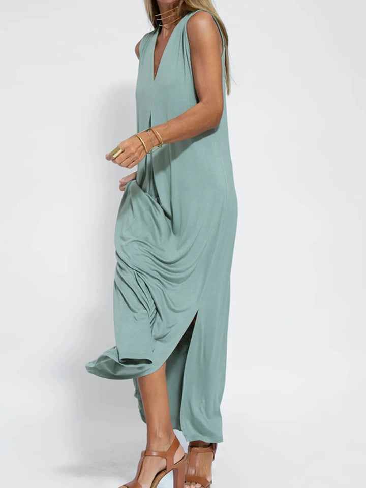 Plus Size Sleeveless Maxi Dress with V-Neck and Side Slit
