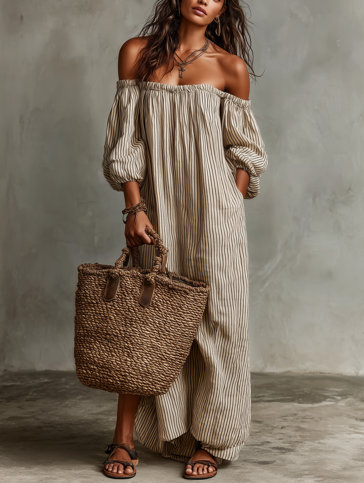 Carmen | Off-the-Shoulder Long Dress in Cotton and Linen Blend
