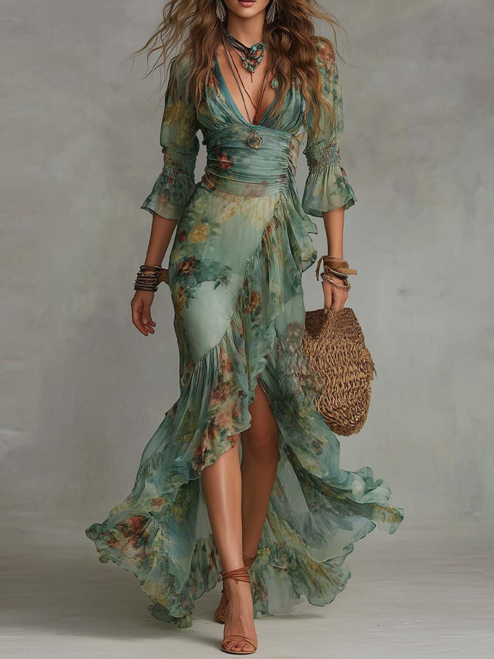 Aurora – Bohemian Floral Maxi Dress with Elegant Asymmetrical Hem
