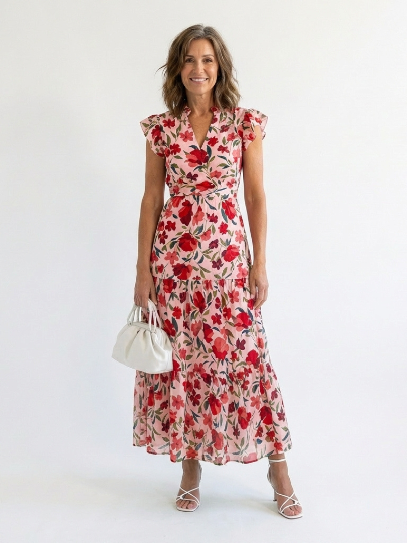 Lila | Tiered Midi Dress with Floral V-Neck Design