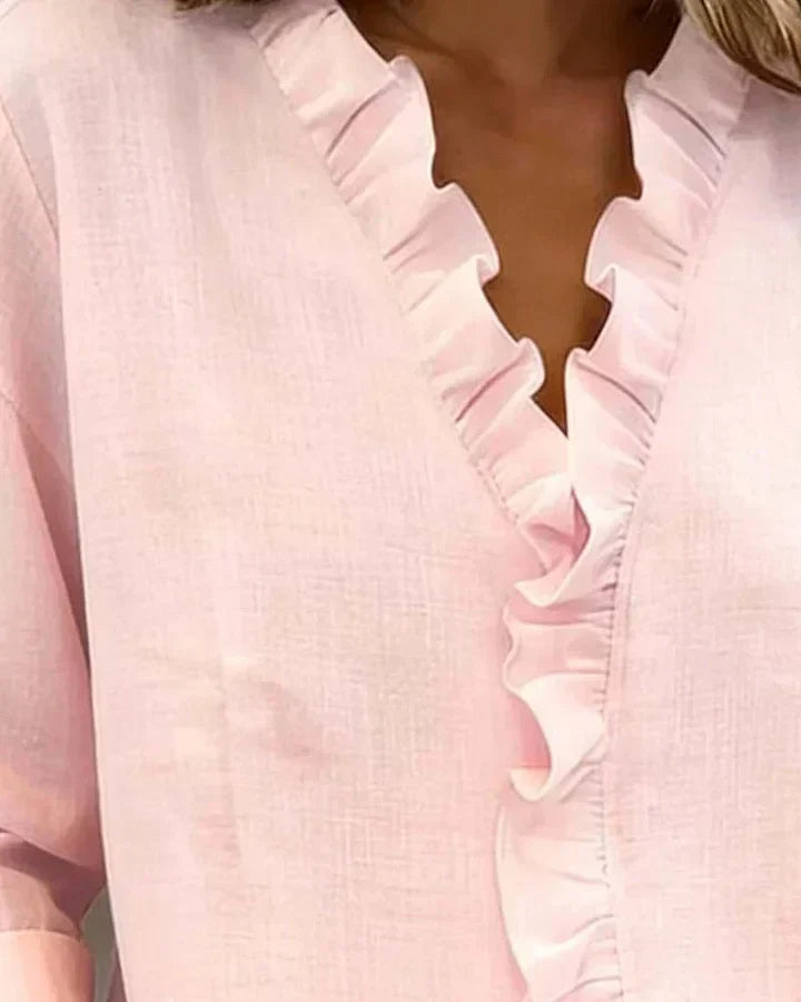 Indie Ruffled Blouse with V-Neck and Long Sleeves