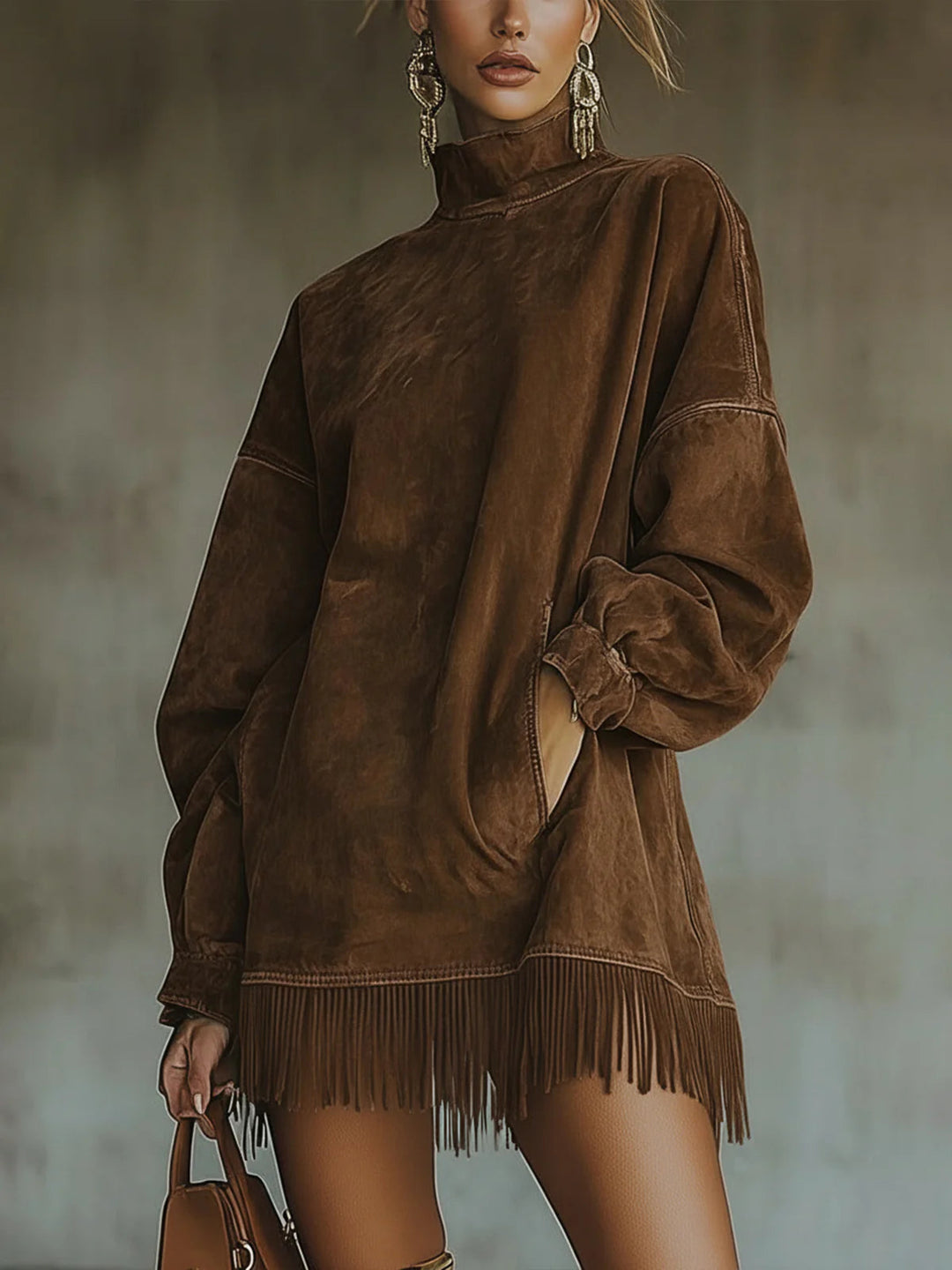 Amalia | Suede Fringe Dress with High Neckline
