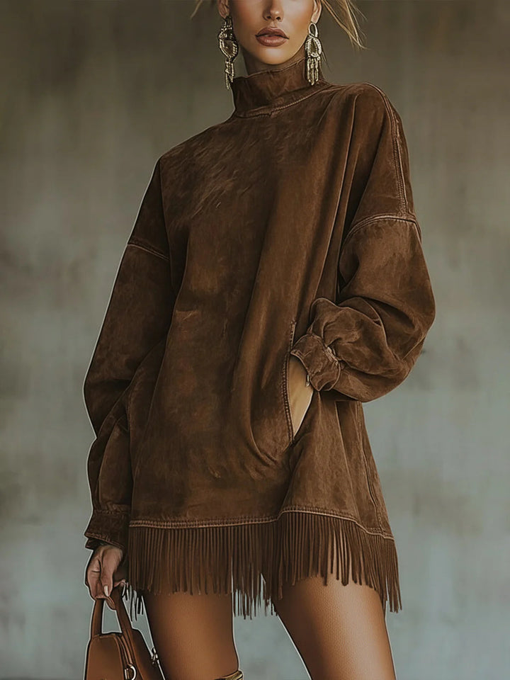 Amalia | Suede Fringe Dress with High Neckline