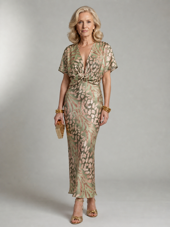 Stella & Grace™ | Abstract Print V-Neck Midi Dress with Twist Waist