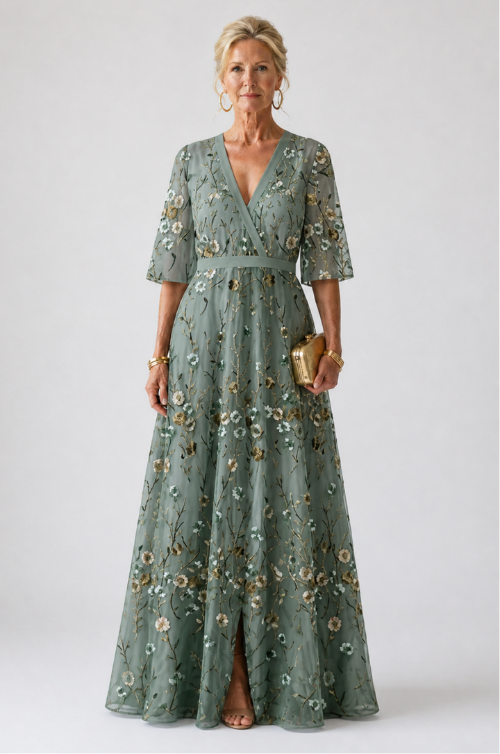 Stella & Grace™ | Floral V-Neck Maxi Dress with Short Sleeves