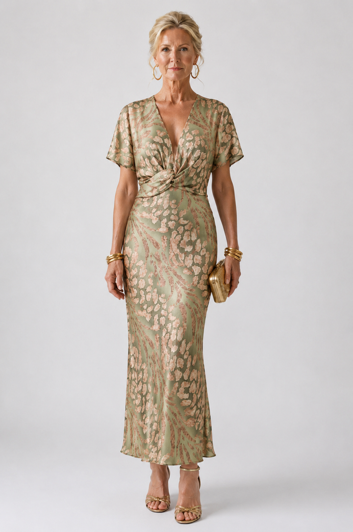 Stella & Grace™ | Abstract Print V-Neck Midi Dress with Twist Waist