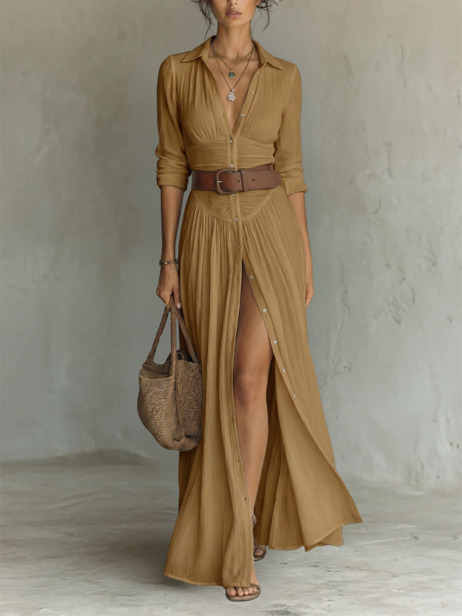 ESSENTIAL - Women's Long Maxi Linen Dress with Notched Collar and Long Sleeves