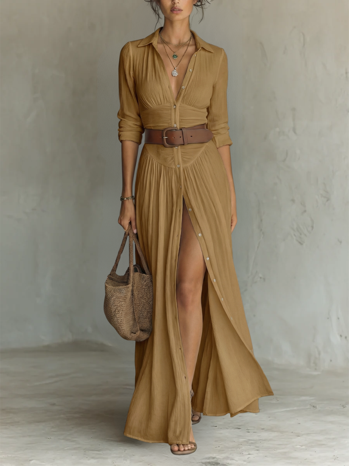 ESSENTIAL - Women's Long Maxi Linen Dress with Notched Collar and Long Sleeves