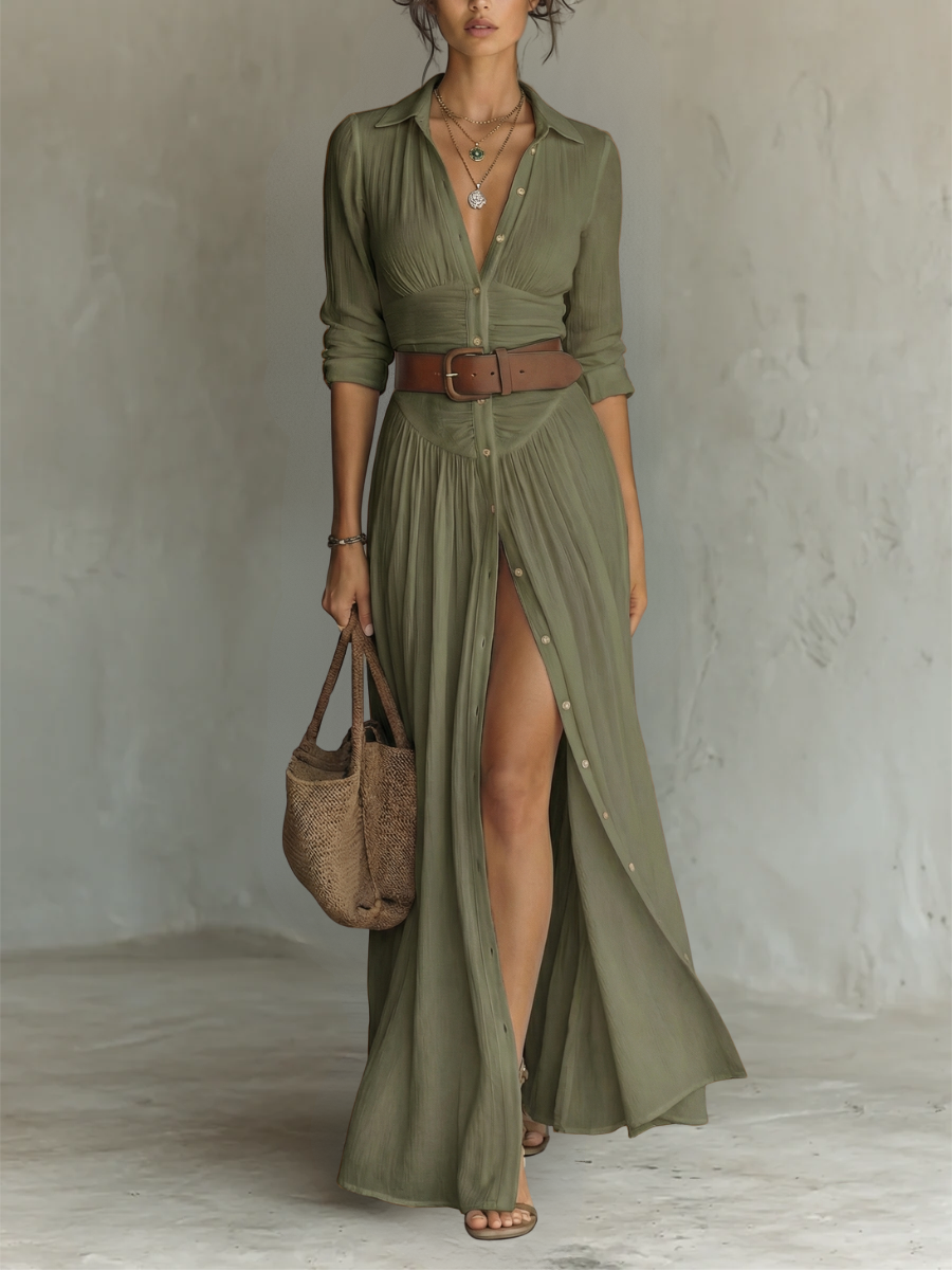 ESSENTIAL - Women's Long Maxi Linen Dress with Notched Collar and Long Sleeves