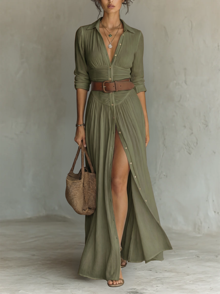 ESSENTIAL - Women's Long Maxi Linen Dress with Notched Collar and Long Sleeves