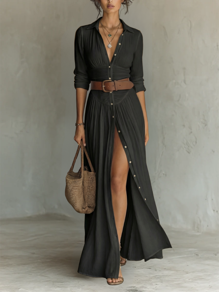 ESSENTIAL - Women's Long Maxi Linen Dress with Notched Collar and Long Sleeves