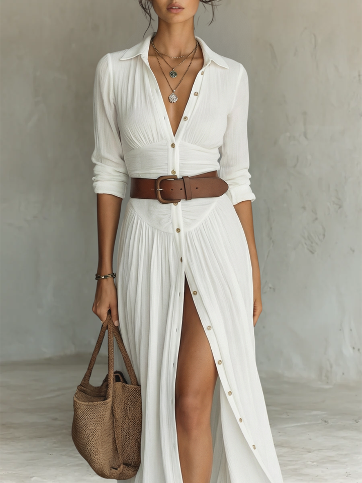 ESSENTIAL - Women's Long Maxi Linen Dress with Notched Collar and Long Sleeves