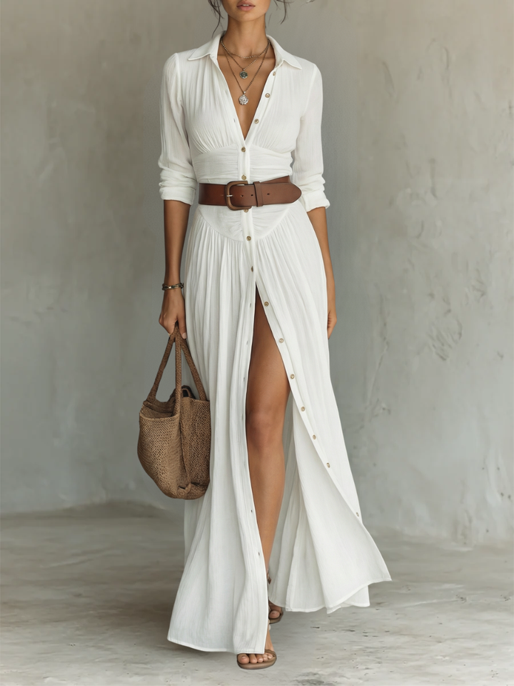 ESSENTIAL - Women's Long Maxi Linen Dress with Notched Collar and Long Sleeves