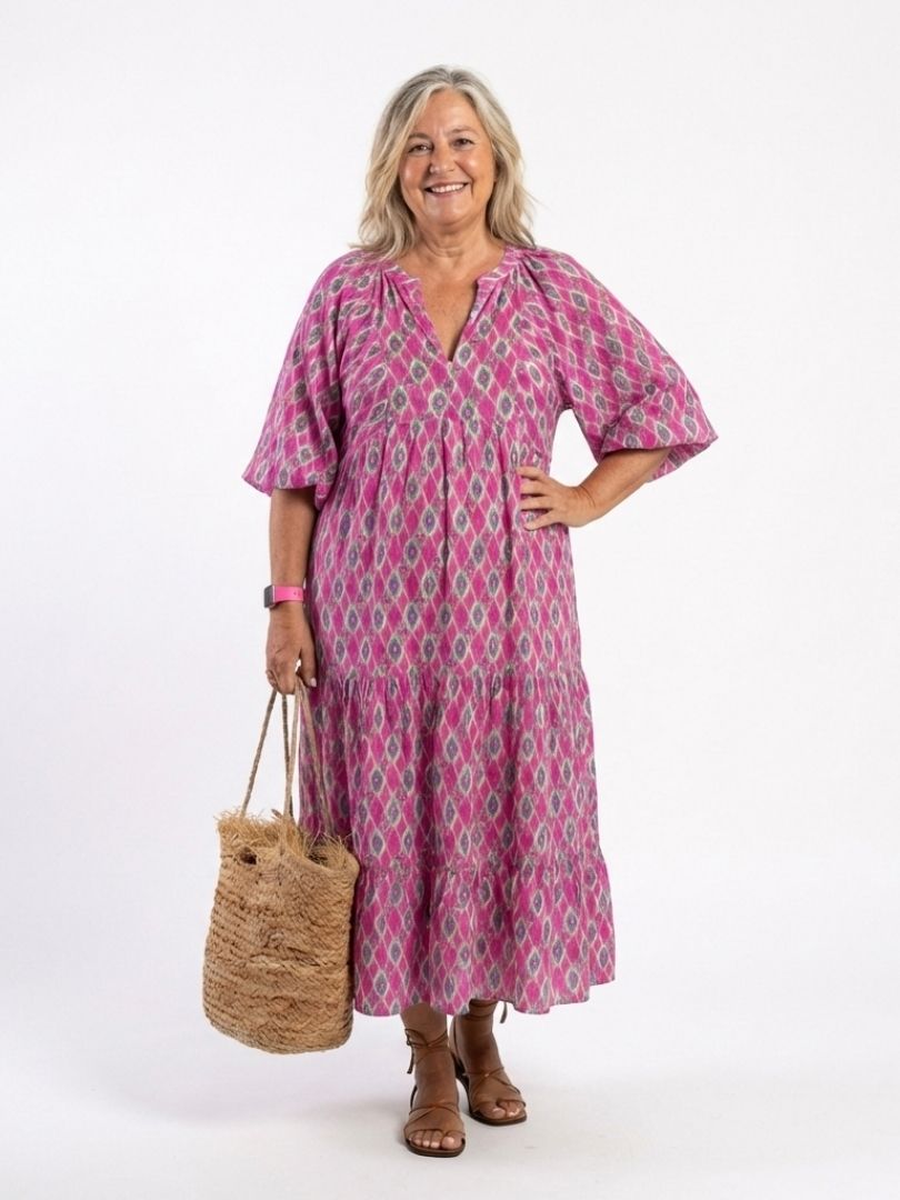 Apolline | Midi Dress with Patterned V-Neck and Three-Quarter Sleeves