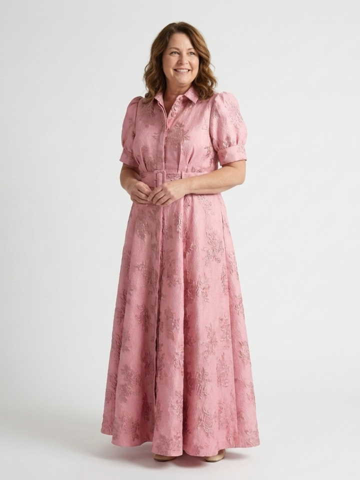 Xanthea | Floral Textured Maxi Shirt Dress with Short Sleeves and Belt