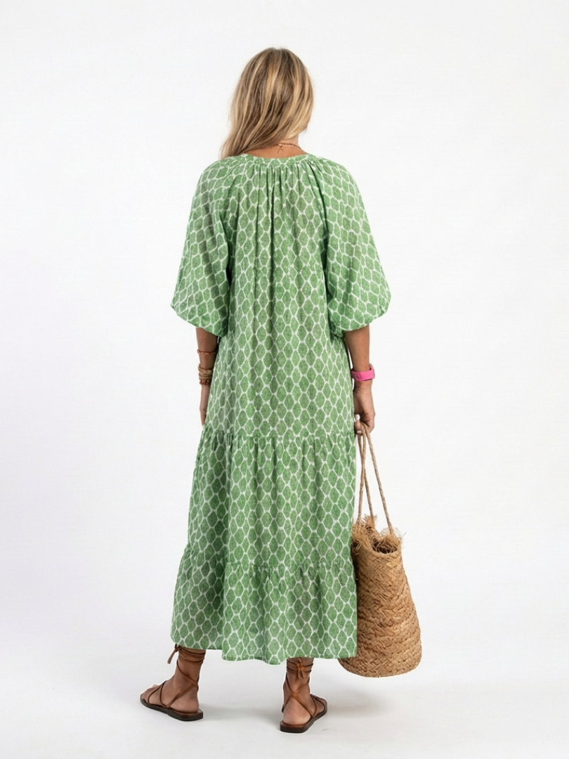 Apolline | Midi Dress with Patterned V-Neck and Three-Quarter Sleeves