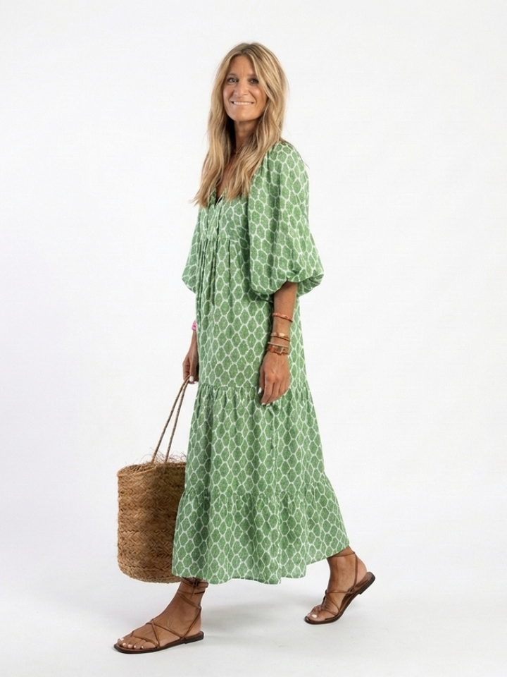 Apolline | Midi Dress with Patterned V-Neck and Three-Quarter Sleeves