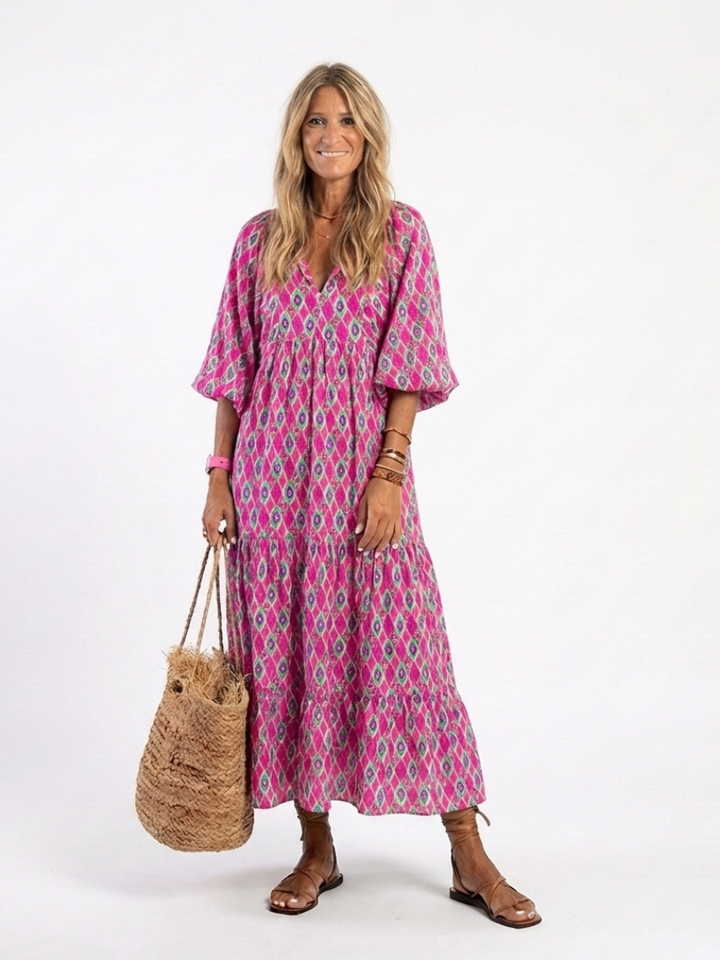 Apolline | Midi Dress with Patterned V-Neck and Three-Quarter Sleeves