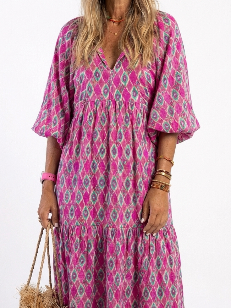 Apolline | Midi Dress with Patterned V-Neck and Three-Quarter Sleeves