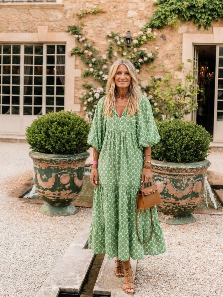 Apolline | Midi Dress with Patterned V-Neck and Three-Quarter Sleeves