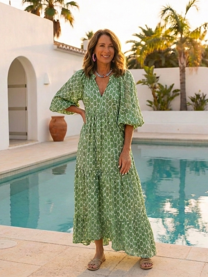 Apolline | Midi Dress with Patterned V-Neck and Three-Quarter Sleeves