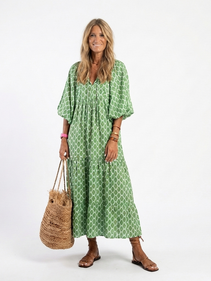 Apolline | Midi Dress with Patterned V-Neck and Three-Quarter Sleeves