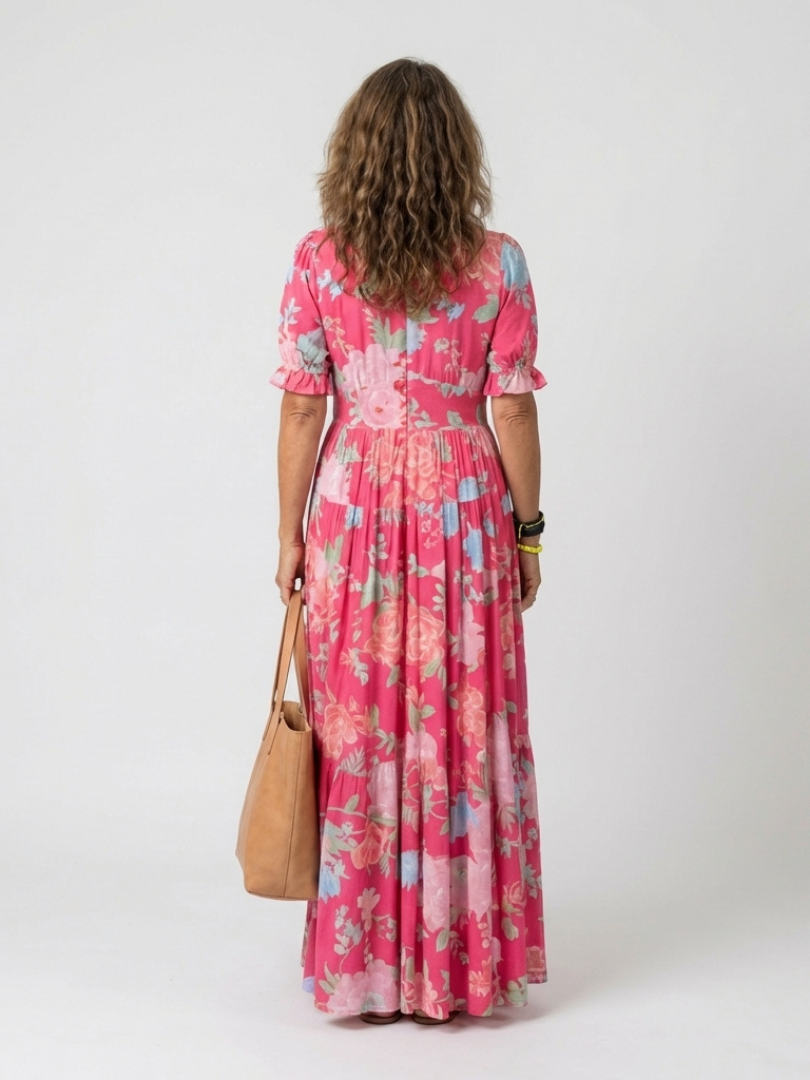 Ione | Floral Midi Dress with Short Sleeves and V-Neck