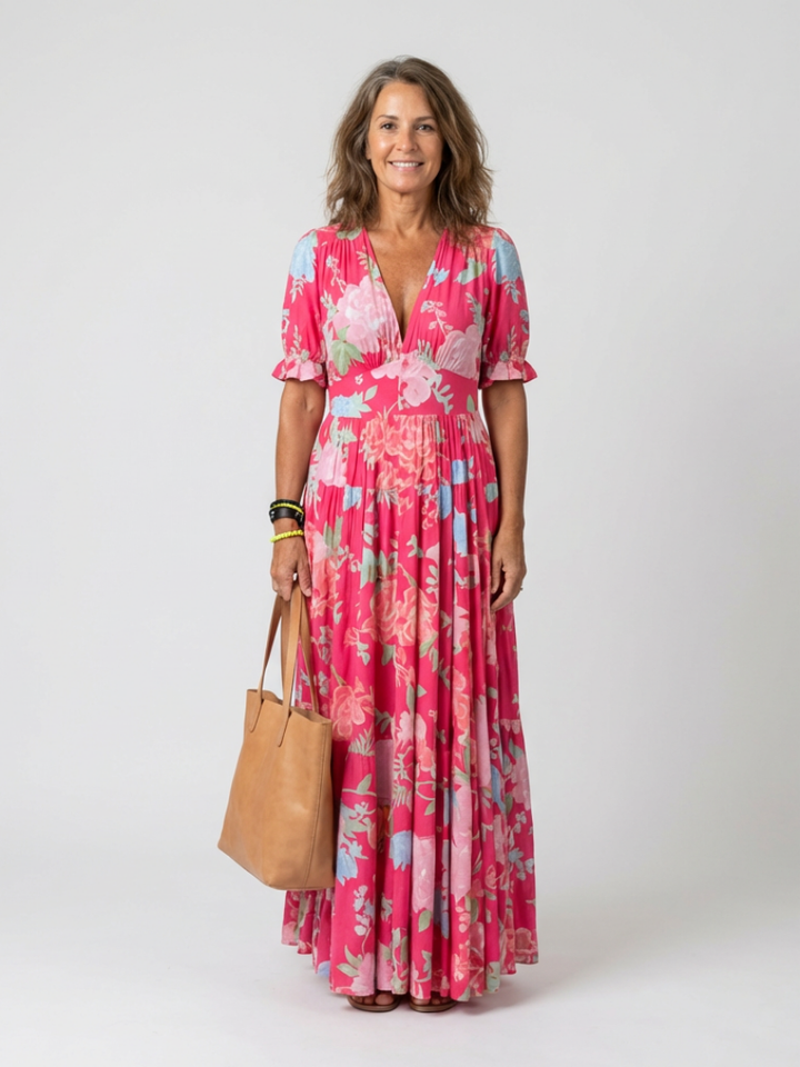 Ione | Floral Midi Dress with Short Sleeves and V-Neck