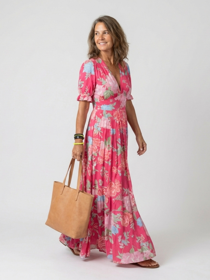 Ione | Floral Midi Dress with Short Sleeves and V-Neck